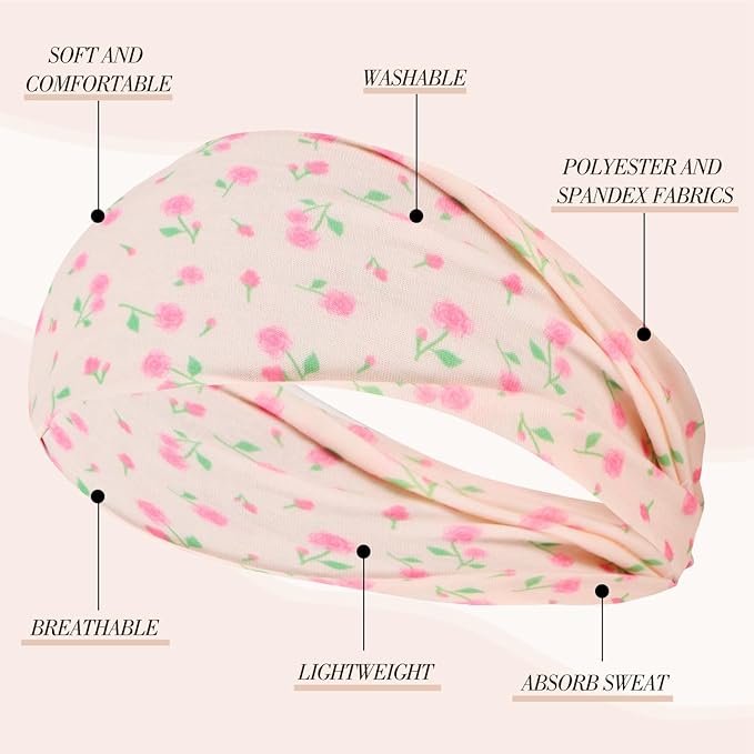 obeoby 8 Pack Pink Cute Headbands for Girls Daughter, Floral Stripe Headbands for Summer Outfit Non Slip Wide Headband Beach Gifts