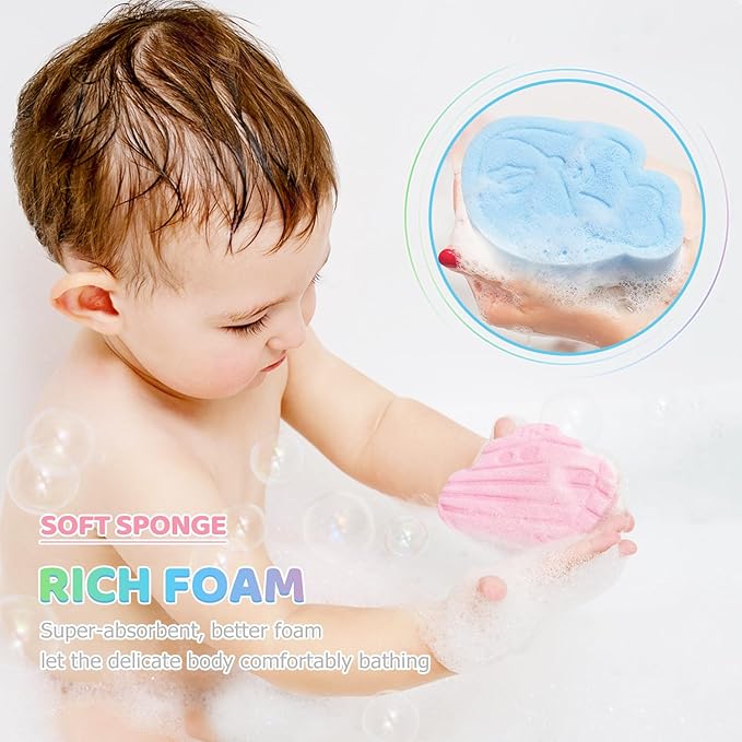 DANCELF Baby Bath Sponge, Natural Cute Shapes Soft Shower Sponges for Bathing, Bathtub Foam for Infants and Toddler, 3pcs: Blue Whale, Pink Ship, Green Dinosaur