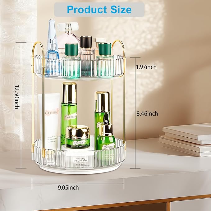 Niluks 360 Rotating Makeup Organizer - Large Capacity Spinning Perfume & Cosmetic Skincare Holder for Countertop (Pearl White, 2 Tier)