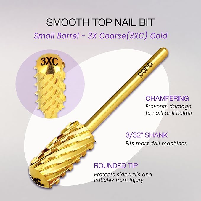 PANA 3/32" Small Smooth Round Top Safety Carbide Nail Drill Bit for Gel Polish & Acrylic Removal Nail Salon Manicure Pedicure Electric File Tools (Small Barrel - Gold, 3X Coarse)