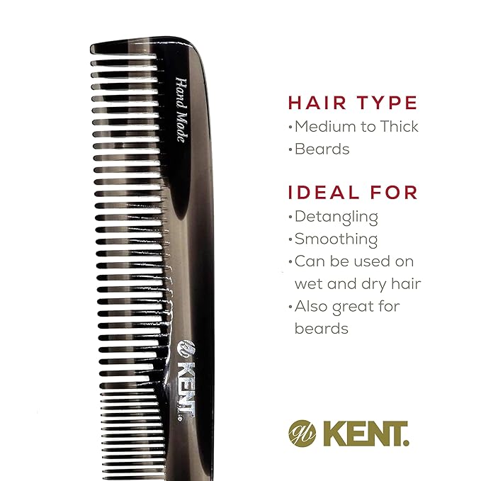 Kent 9T Graphite Fine and Wide Tooth Comb Detangler - Large Handmade and Saw-Cut Dressing Comb - Wet Hair Comb for Women and Durable Grooming Combs for Men Made in England