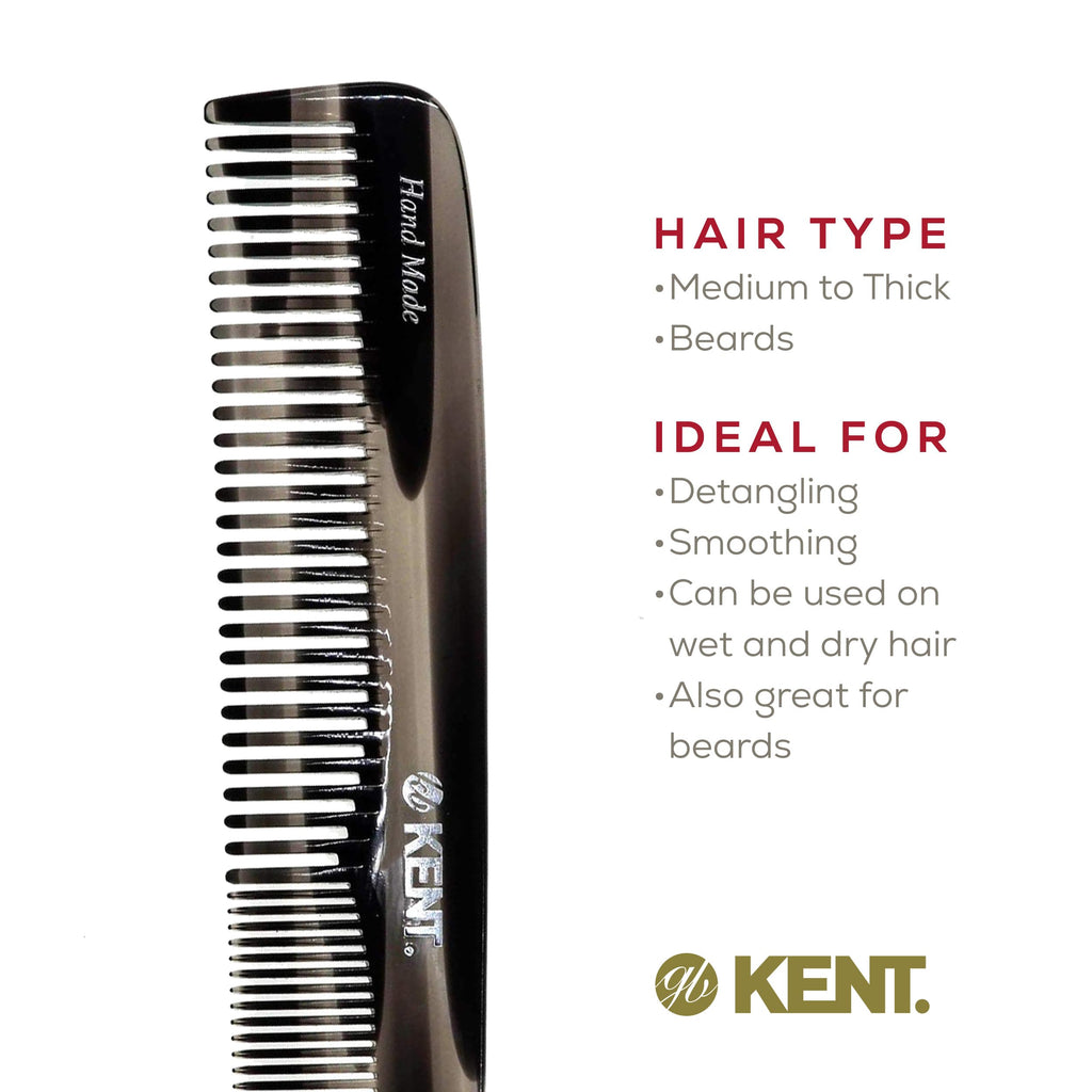 Kent 9T Black Graphite Fine Tooth and Wide Tooth Comb Detangler Hair Combs - Large Handmade and Saw-Cut Dressing Combs - Wet Hair Comb for Women and Durable Grooming for Men Made in England