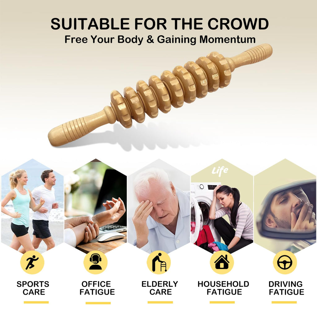 Deston Manual Massager Wooden Handheld Roller Trigger Point Massager Stick for Fascia, Cellulite, Muscle & Abdomen, Body Therapy Massager, Muscle Belly Relief Tool, Natural Wood