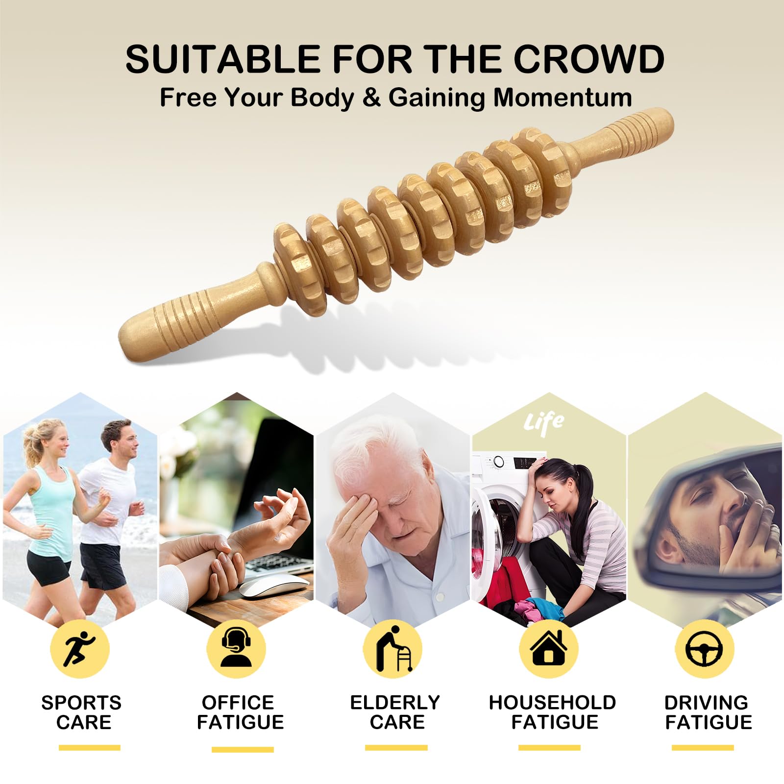 Deston Manual Massager Wooden Handheld Roller Trigger Point Massager Stick for Fascia, Cellulite, Muscle & Abdomen, Body Therapy Massager, Muscle Belly Relief Tool, Natural Wood