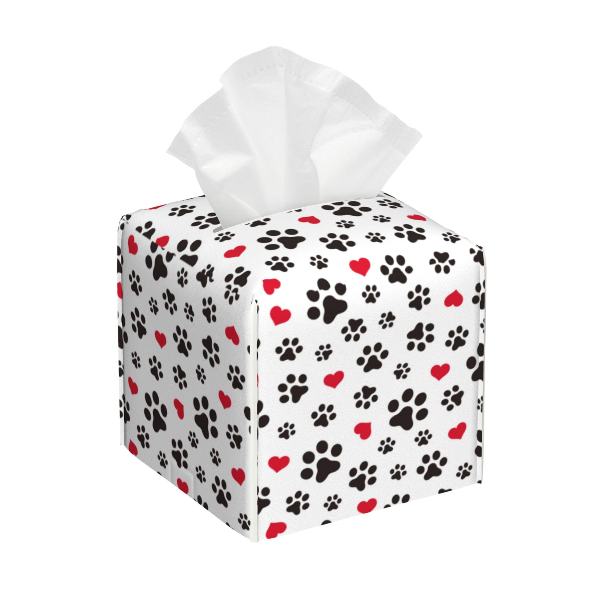 Dog Paw Cat Paw Heart Love Tissue Box Cover Square, Animal Puppy Footprints Tissue Box Holder Waterproof Leather Facial Paper Organizer Dispenser for Bathroom Home Car Nightstand Vanity Desk