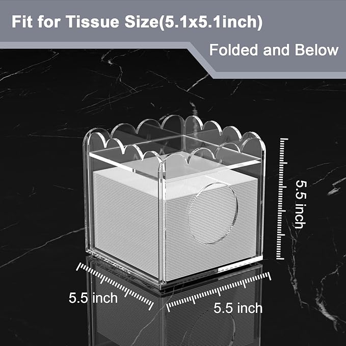 LUGUNU Acrylic Tissue Box Holder, Clear Square Tissue Box Cover with Storage Tray, Modern Decorative Tissue Holder for Living Room, Bathroom and Office, 5.5x5.5x5.5 Inch