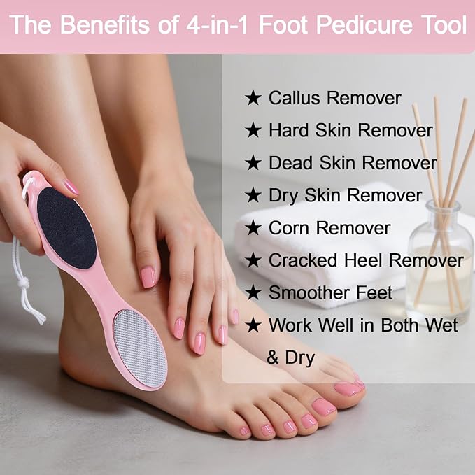 4-in-1 Nano Glass Foot Callus Remover, Professional Foot File (Glass, Rasp & Sand Paper), Durable Foot Scrubber Pedicure Tools for Hard and Dead Skin Remover, Soft Smooth Feet, 2 Pcs Pink