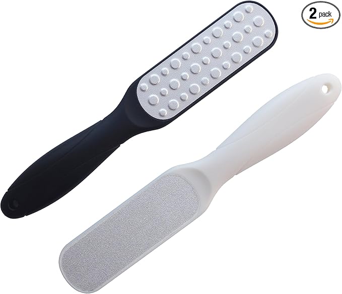 Dual-Sided Professional Pedicure Foot File - Stainless Steel Callus Remover for Hard Skin, Dry and Wet Use, Home or Salon Care, 2 Pack (White & Black)