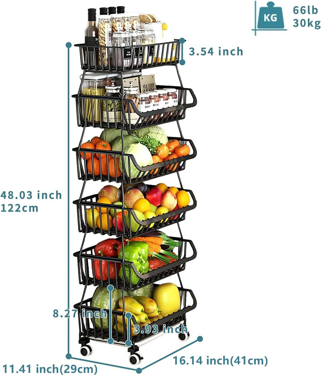 KOLENSA Metal Wire Baskets with Wheels, Stackable Storage Bins Kitchen Organizer Shelf 3-4-5-6 Tier Fruit Vegetable Cart Dishes Seasonal Rack Shelves for Garage, Pantry, Bathroom