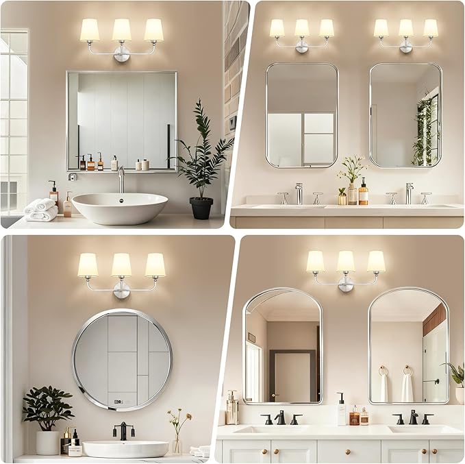 Bathroom Vanity Light, Brushed Nickel Bathroom Light Fixtures, 3-Light Lighting Fixtures Over Mirror, Modern Wall Sconce with Flared White Fabric Shade, E26 Socket(ETL Listed)