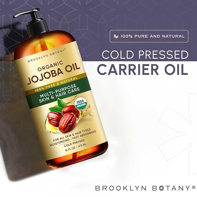 Brooklyn Botany Cold-Pressed Organic Jojoba Oil | 16 Fl Oz | Hair | Face | Body | 100% Pure and Natural | Carrier Oil | Aromatherapy | Massage | Ayurvedic Hair Care | Hexane-Free