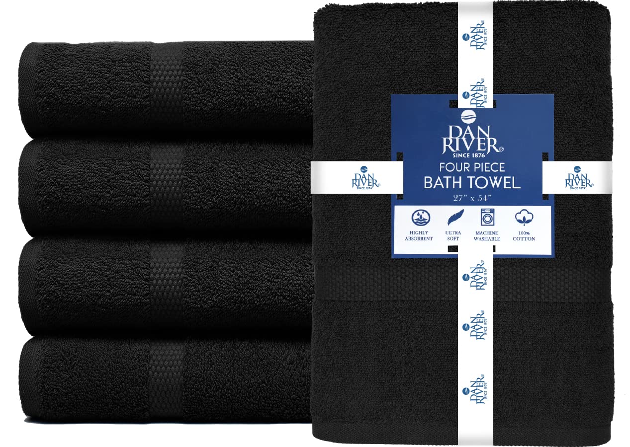 DAN RIVER 600 GSM Cotton Large Bath Towels Set of 4, 27 x 54 Inches, Black