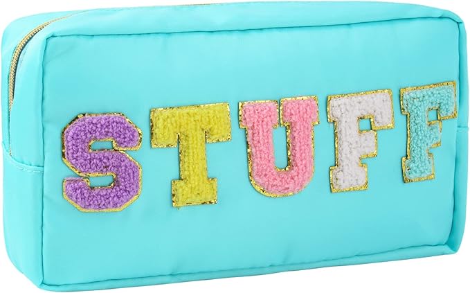 SOIDRAM Preppy Makeup Bag Nylon Cosmetic Bag Blue Stuff Makeup Pouch for Women Travel Toiletry Bag Organizer Cute Makeup Brushes Storage Bag with Chenille Letter Patches