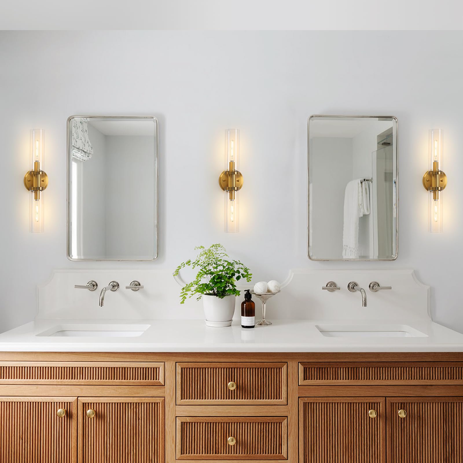 KUZZULL Wall Sconces Set of Two Brushed Brass Gold Sconces Lighting with Clear Glass Wall Lamp Modern Wall Sconce Light Fixtures Sconces Decor Set of scones Lights Set of 2