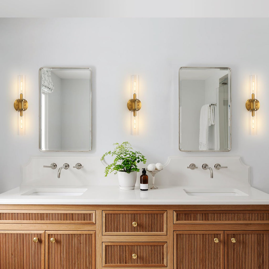 KUZZULL Wall Sconces Set of Two Brushed Brass Gold Sconces Lighting with Clear Glass Wall Lamp Modern Wall Sconce Light Fixtures Sconces Decor Set of scones Lights Set of 2