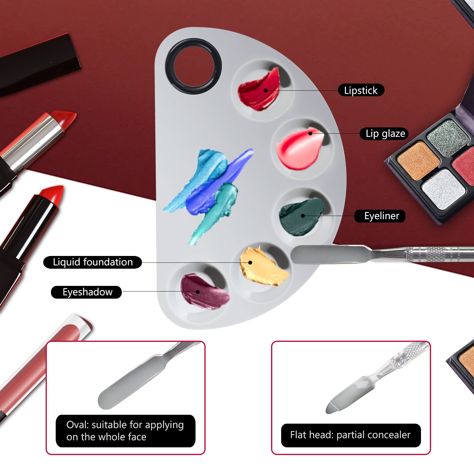 Banugo Makeup Mixing Palette, Premium Stainless Steel Cosmetic Makeup Palette with Spatula Tool, Nail-art Cosmetic Palette for Mixing Cosmetic/Nail Polish/Pigment (Semicircle)