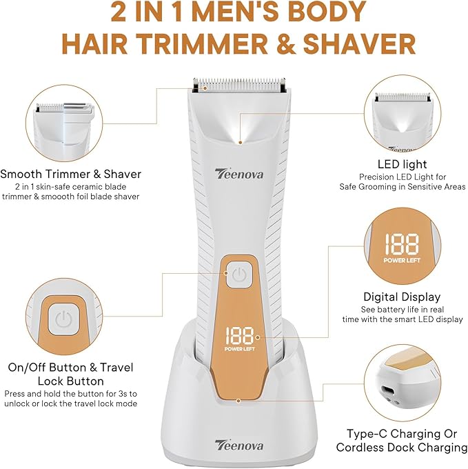 TEENOVA Pubic & Body Hair Trimmer for Men, 2 In 1 Electric Ball Groin Razor Shaver with Ceramic Blade, No Nick Mens Grooming Kits for Wet/Dry Use, Cordless Charging Body Groomer with Led Display,White