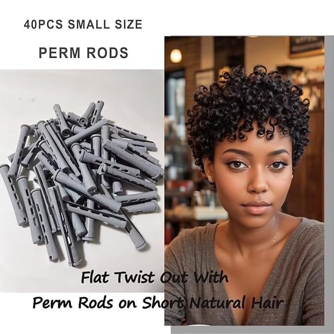 Meigick Perm Rods Set for Short Natural Hair 40Pcs Gray Plastic Cold Wave Rods Hair Curling Rollers Small Size 0.59 Inch For DIY Hairdressing Styling