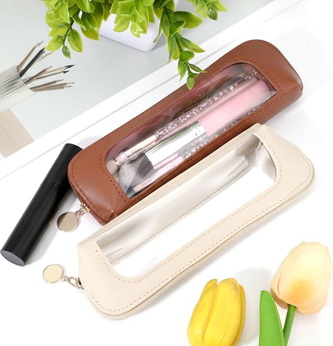 Kifmurase 2Pcs Clear Makeup Brush Bag, Leather Slim Makeup Case, Portable Transparent Waterproof Cosmetic Pouch with Zipper, Double Sided Clear Bag for Women Travel Storage (White, Brown)