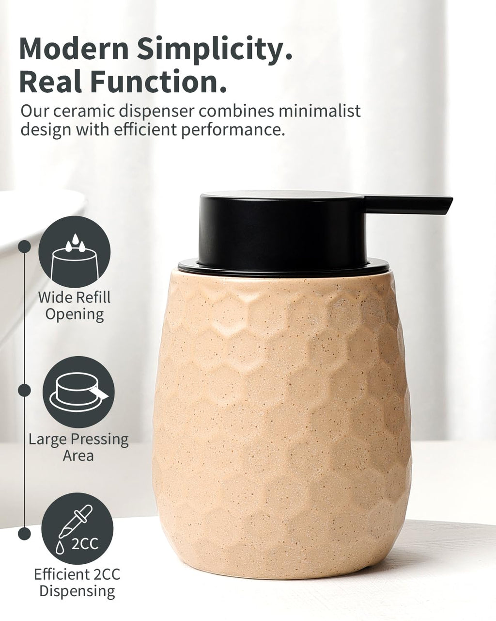 Soap Dispenser, 12OZ Ceramic Liquid Hand Soap Dispenser with Honeycomb Design for Kitchen or Bathroom, Khaki Refillable Dish Lotion Dispenser, ANTIS'S HOME