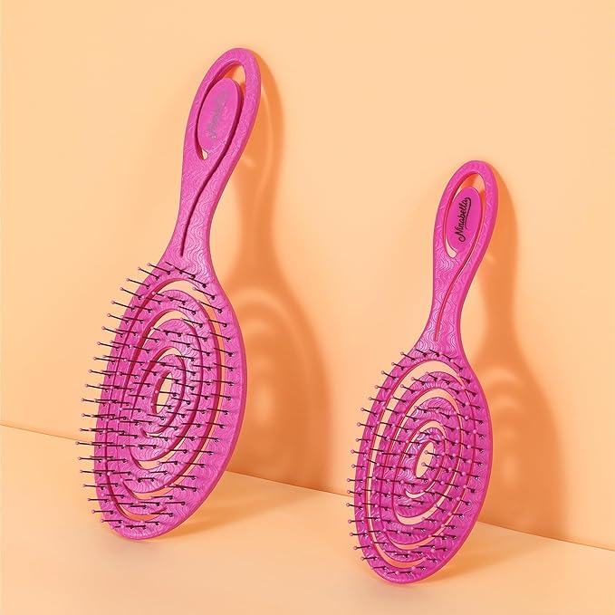Ninabella Mini Spiral Hairbrush - Detangle Hair Brush - For Brushing Wet or Blow Dry Hair - Detangler Vent Brush - Hairbrushes for Travel - Neon Pink