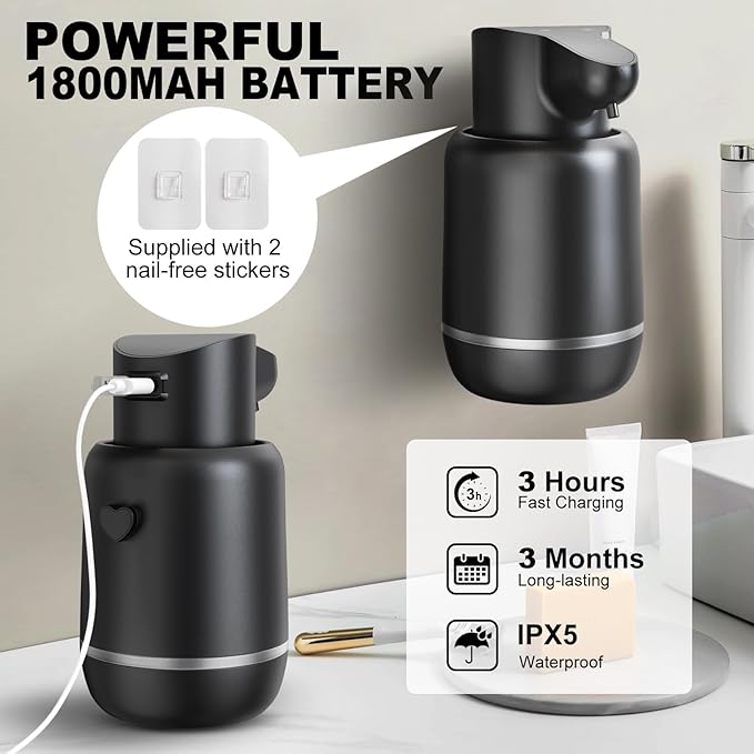 Automatic Soap Dispenser, Rechargeable & Touchless with 4 Adjustable Levels, 15oz/420ml, Waterproof, Wall Mountable for Kitchen, Bathroom, Hotel (Foam, Black)