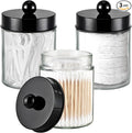 3PC Farmhouse Decor Qtip Holder Apothecary Jars Bathroom Vanity Storage Organizer -Countertop Canister Container &Cute Stickers for Cotton Swab, Ball,Pad,Floss,Paper Clips (Black)