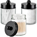 Komashr 3PC Farmhouse Decor Qtip Holder Apothecary Jars Bathroom Vanity Storage Organizer -Countertop Canister Container &Cute Stickers for Cotton Swab, Ball,Pad,Floss,Paper Clips (Black)