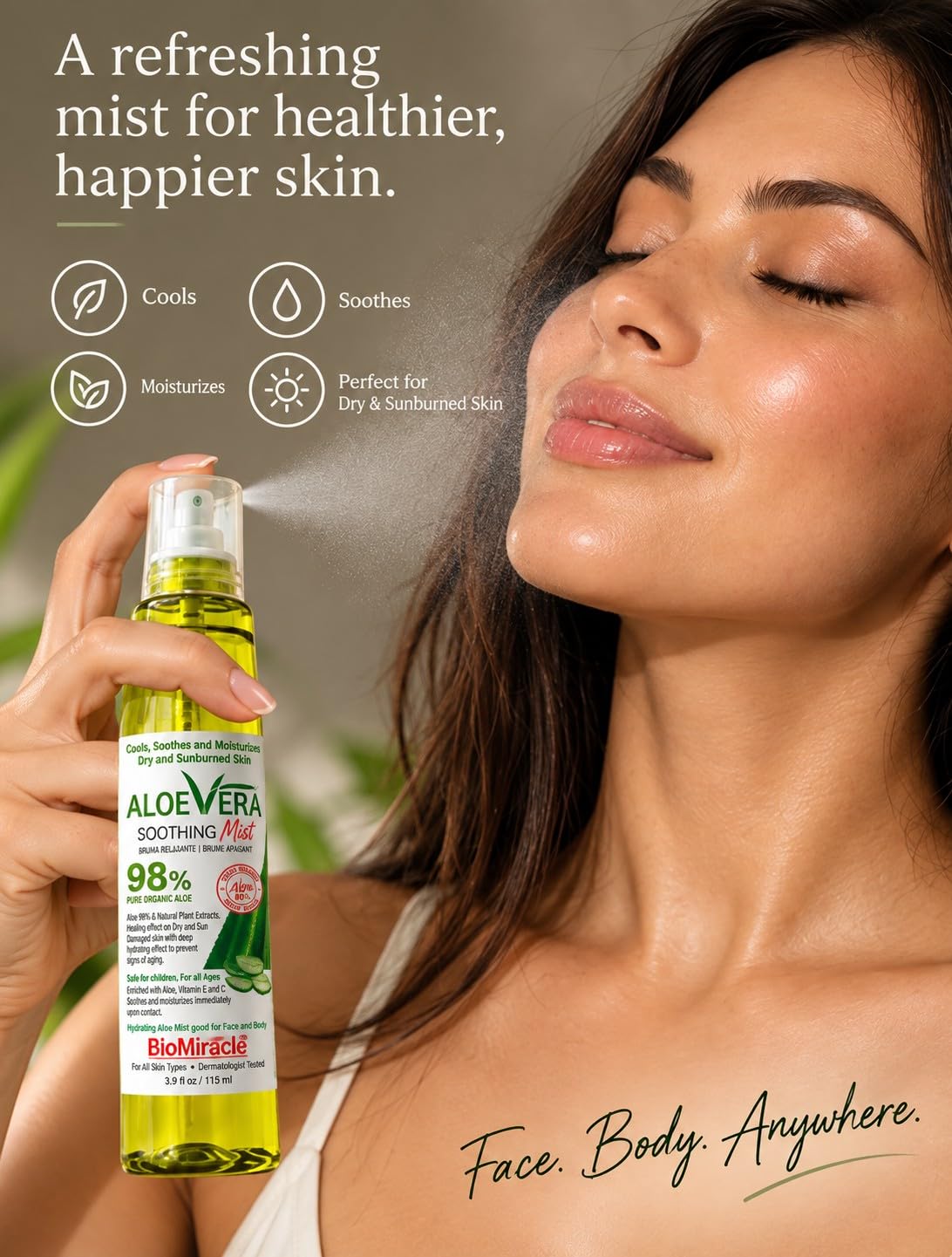 BioMiracle 98% Organic Aloe Vera Mist (3.9 oz) - Cooling Relief for Sunburn, Dry or Irritated Skin, Hydrating Spray with Vitamins C & E, 3-Pack