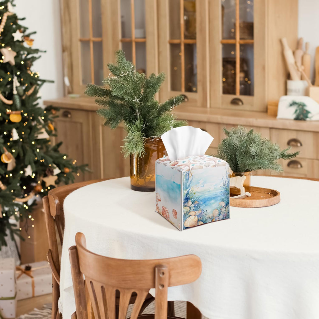 Coastal Starfish Seashell Tissue Box Cover Square with Bottom Belt, Leather Waterproof Tissue Holder Facial Paper Case for Tabletop Home Office Bathroom Car Decor -10