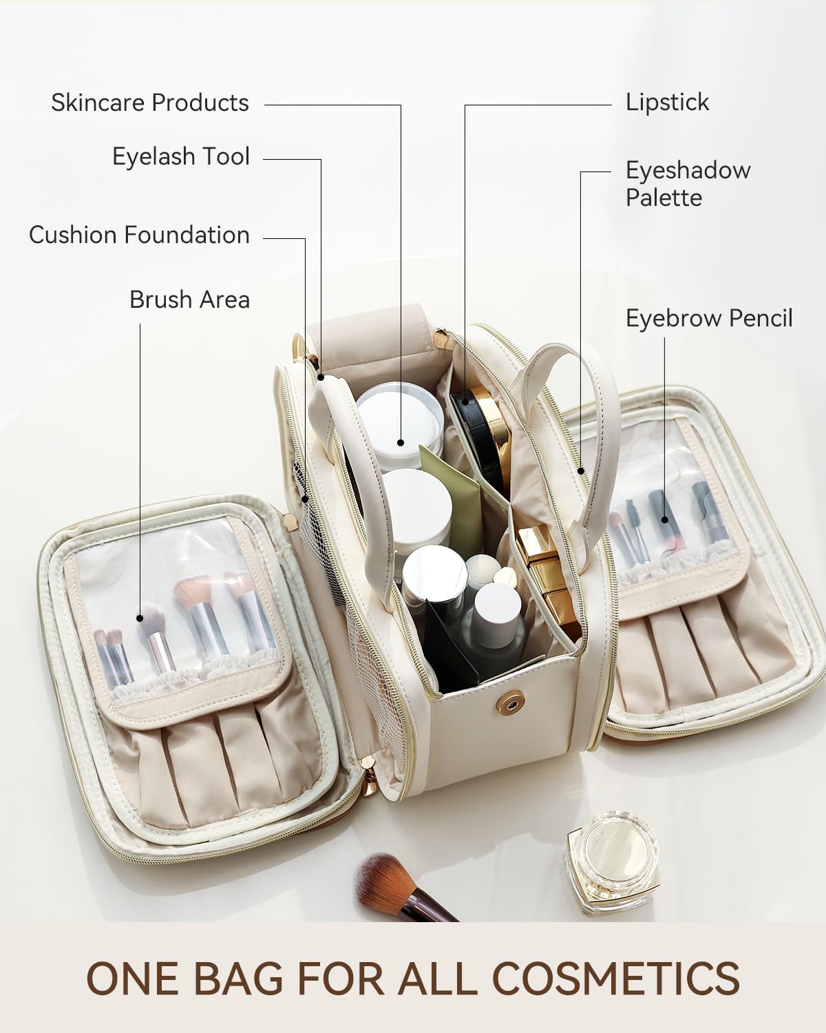 Prite Large Makeup Bag, Waterproof Travel Cosmetic Case with Brush Holder