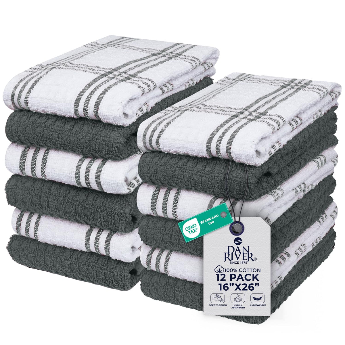 DAN RIVER Gray Kitchen Towels, 12 Pack, 16x26 Inches Absorbent Dish Towels