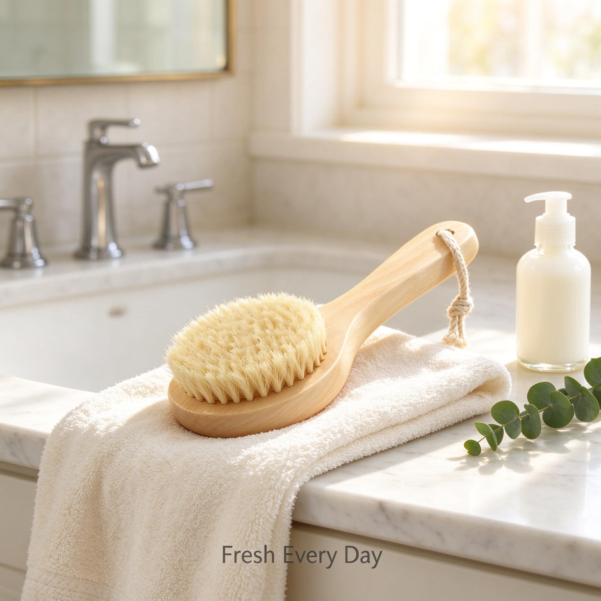 Short Handle Body Brush, Natural Bristles Wooden Bath Brush Shoulder Back Exfoliating Dry Brushing Skin Care