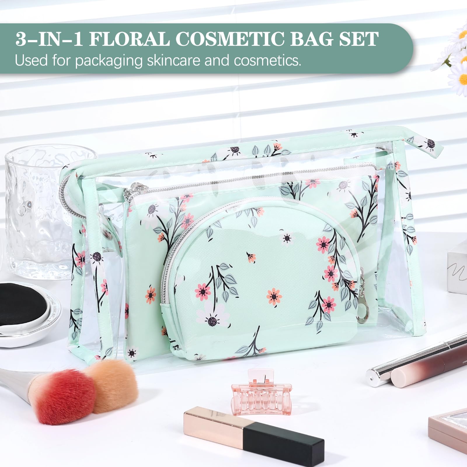 Richeart Makeup Bag, Clear Bag with Zipper, 3PC Floral Flowers Makeup Pouch, Waterproof Small Pouch, Portable Travel Toiletry Bag, B
