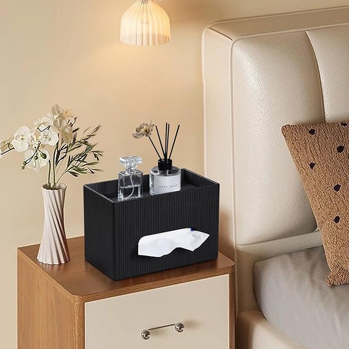 Tissue Box Cover Rectangle with Storage Tray, PU Leather Tissue Holder for Bathroom Vanity Countertop Night Stands Bedroom Office Desk, Stylish Rectangular Tissue Box Holder (Black)