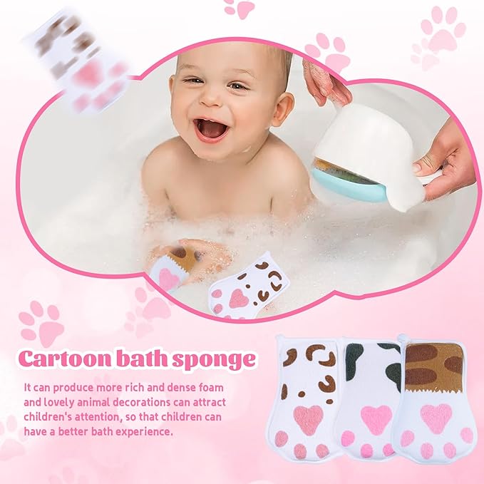 JieLiLeHome Baby and Kids Bath loofah Sponge, Easy Grip Cute Cat Paw Design Kids Body Exfoliating Body Scrubber Loofah Sponge,Bath Sponge Set Designed for Toddler, Women, Boys, and Girls (3 Pack)