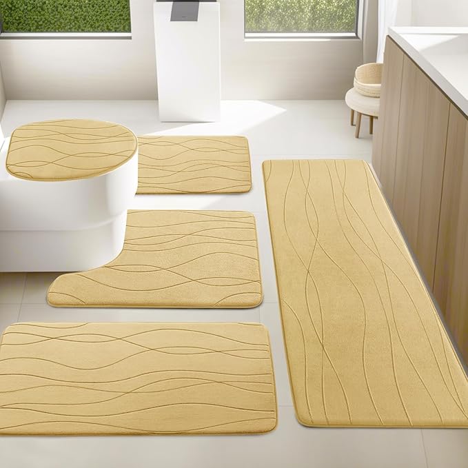 YIHOUSE Bathroom Rugs Set 5 Piece, Memory Foam Bath Mat Beige