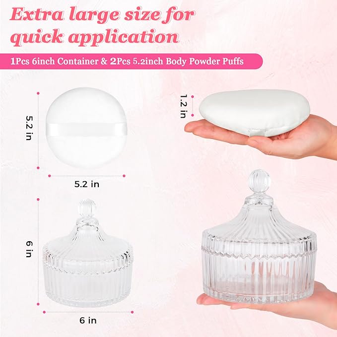 YINGMAN 3Pcs Extra Large Body Powder Puff & Luxury 6" Glass Jar Dusting Powder Container with Puff for Women Bath Powder Puffs Perfect for Talcum or Loose Powder (White)