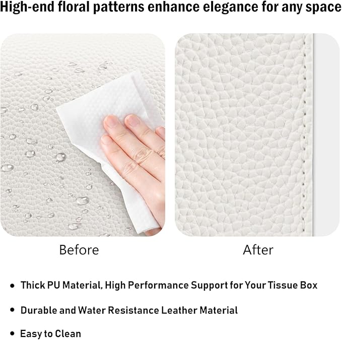 PARIERIS Tissue Box Cover PU Leather Tissue Holder Rectangle Facial Tissue Case Tissue Box Organizer Dispenser for Bathroom, Kitchen, Home, Office, Tabletop (OffWhite, Short)