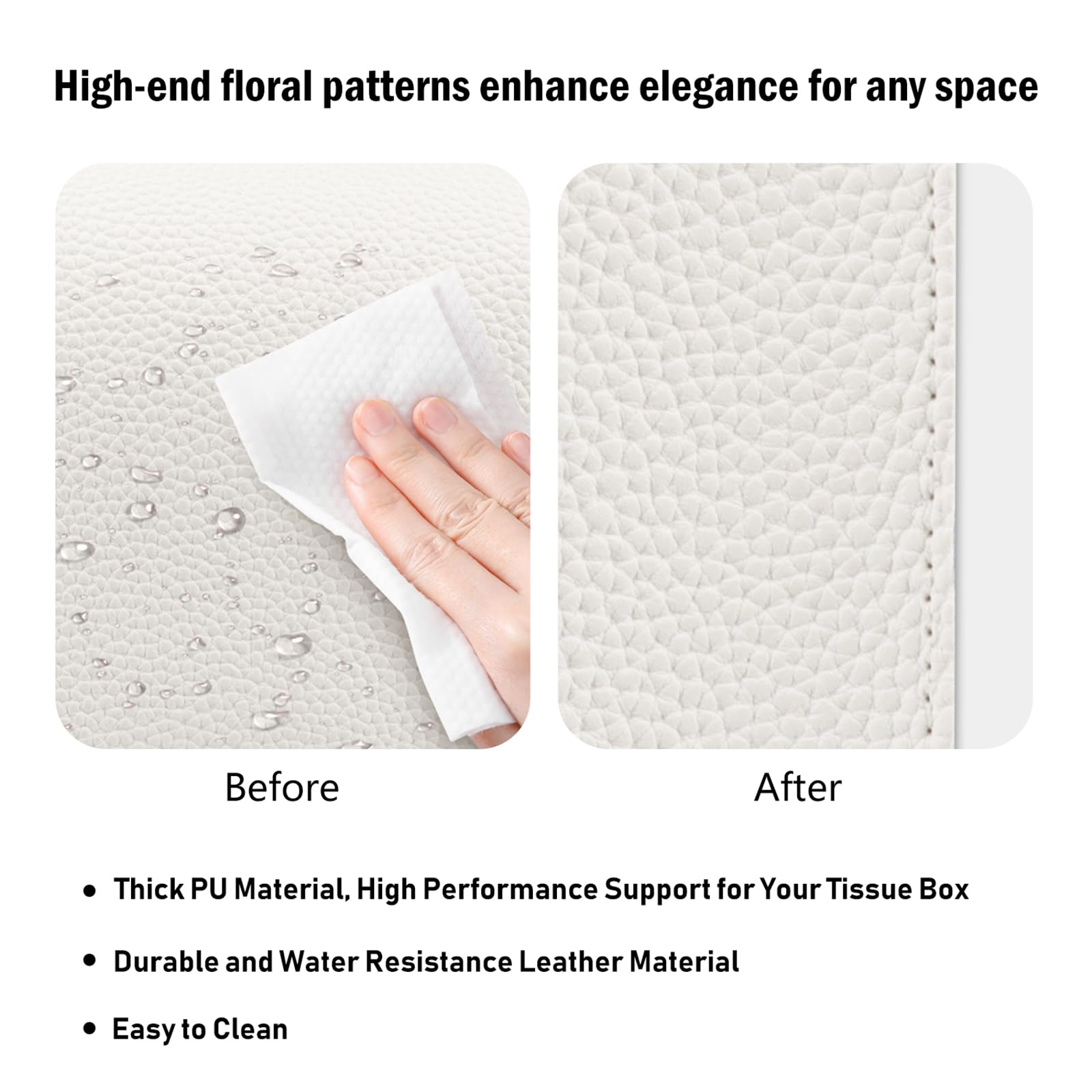 PARIERIS Tissue Box Cover PU Leather Tissue Holder Rectangle Facial Tissue Case Tissue Box Organizer Dispenser for Bathroom, Kitchen, Home, Office, Tabletop (White, Short)