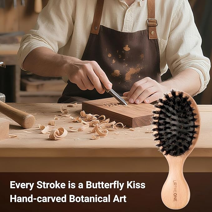 URTHEONE 2Pcs Mini Boar Bristle Hair brush and Small Hairbrush for Thick Curly Thin Long Short Wet or Dry Hair, Mini Detangler, Pocket Brush with Soft Boar Bristles