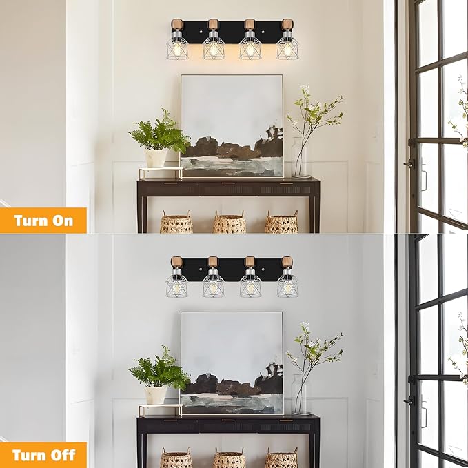 FadimiKoo Farmhouse Vanity Light for Bathroom, 4-Light Rustic Wood Black Bathroom Light Fixtures with Elegant Silver Metal Cage, Vintage Vanity Lights Over Mirror for Living Room Bedroom Hallway