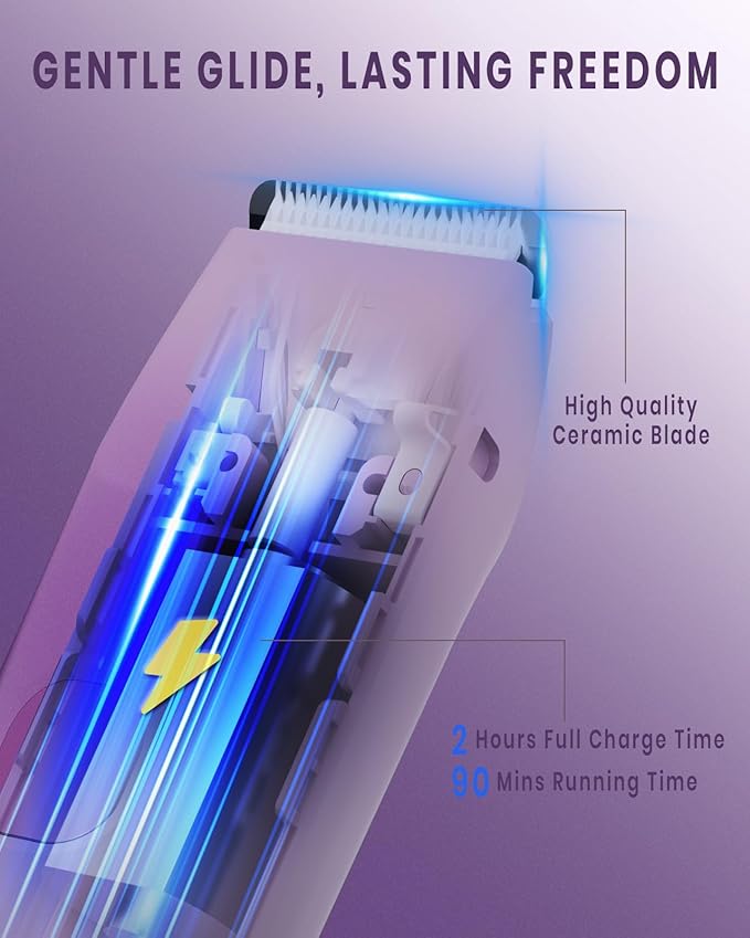 2-in-1 Bikini Trimmer for Women, IPX7 Waterproof Electric Shaver, Body Hair Trimmer & Electric Razor for Face, Lips, Pubic Area, Legs, Purple