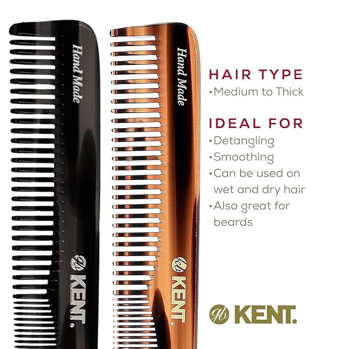 Kent 6T-6T G Fine Tooth and Wide Tooth Hair Comb, Handmade Styling Comb for Hair Care, Barber Combs, Beard Combs For Men, Styling Grooming for Men, Women and Kids