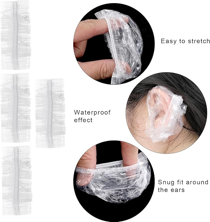 200Pcs Disposable Ear Covers for Shower, Lightweight Disposable Ear Covers for Hair Dye, Clear Plastic Ears Caps with Soft Elastic, for Hair Colouring and Beauty Treatments, Travel-Ready Carry