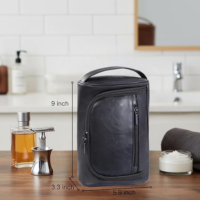 Mens Toiletry Bag, Compact Dopp Kit for Men Travel, PU Leather Shaving Kit, Water-Resistant Minimalist Organizer with Wrist Strap, Fits Grooming Essentials,Small 9X5.9X3 Inch Black