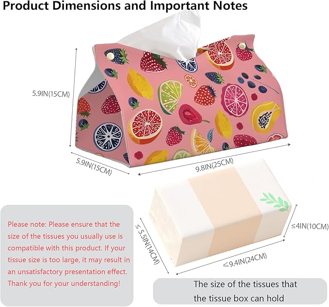 Pink Cute Fruit Tissue Box Cover Rectangle,Summer Cottagecore Strawberry Toilet Paper Box Holder,Leather Decorative Facial Paper Case for Living Room Bathroom Kitchen Office Desk,9.8x5.9x5.9In