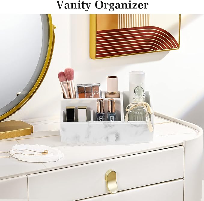 Luxspire Bathroom Counter Organizer, Toothbrush Holder for Bathroom 5 Slot, Large Countertop Organizer Storage Marble Bathroom Accessories for Toothbrush Toothpaste, Gravel White