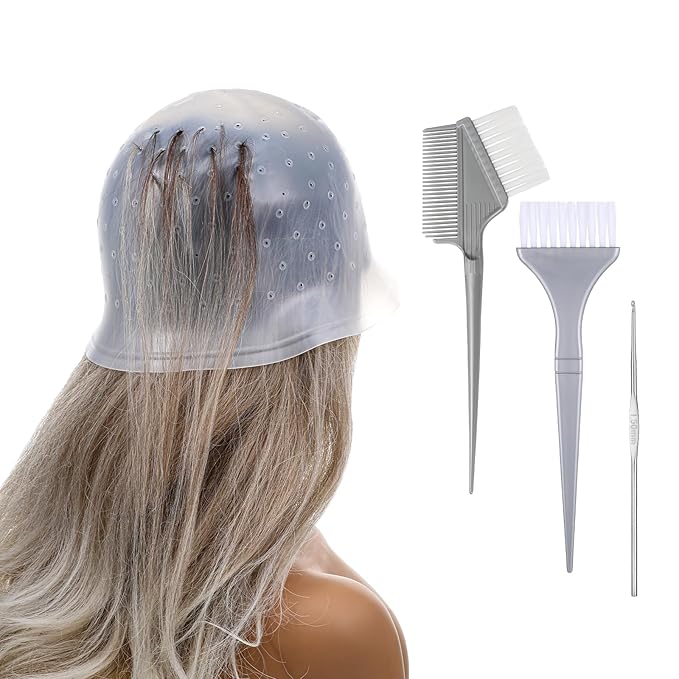 TIESOME Silicone Highlighting Cap with Needles & Brushes, Reusable Punched Hair Cap for Salon & Home Hair Coloring (with 3 Tools Set)