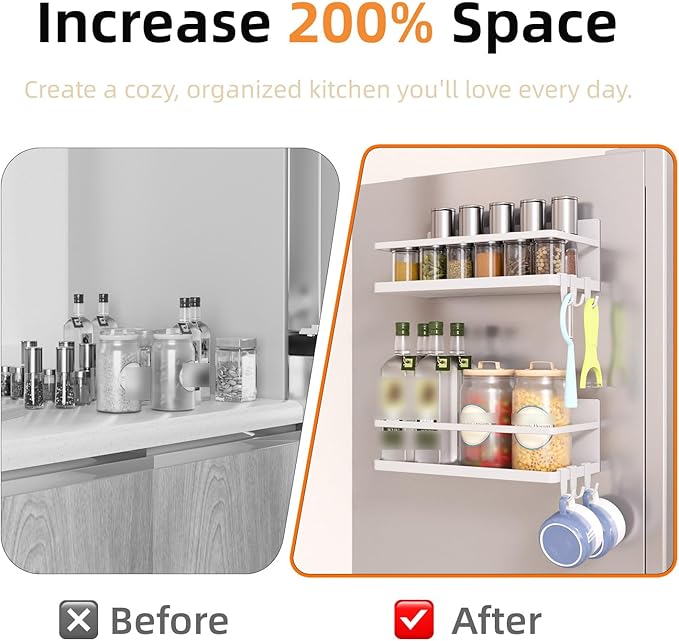 KMUZAWN Magnetic Spice Rack for Refrigerator, 2 Pack Magnetic Shelf, Fridge Magnet Organizer with Moveable 6 Hooks, Magnetic Fridge Shelf for Kitchen Organization and Storage(White, 2 Pack)